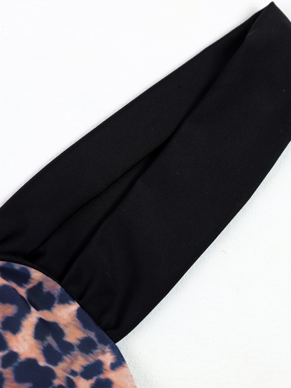 Swimwear- Contrast 2-Piece Leopard Print Swimsuit with Micro Bikini Bottoms- - Chuzko Women Clothing