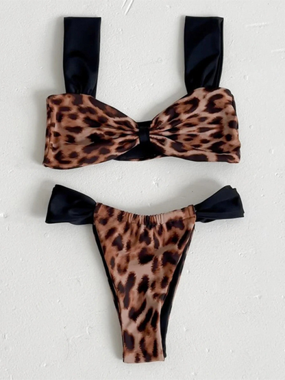 Swimwear- Contrast 2-Piece Leopard Print Swimsuit with Micro Bikini Bottoms- - Chuzko Women Clothing