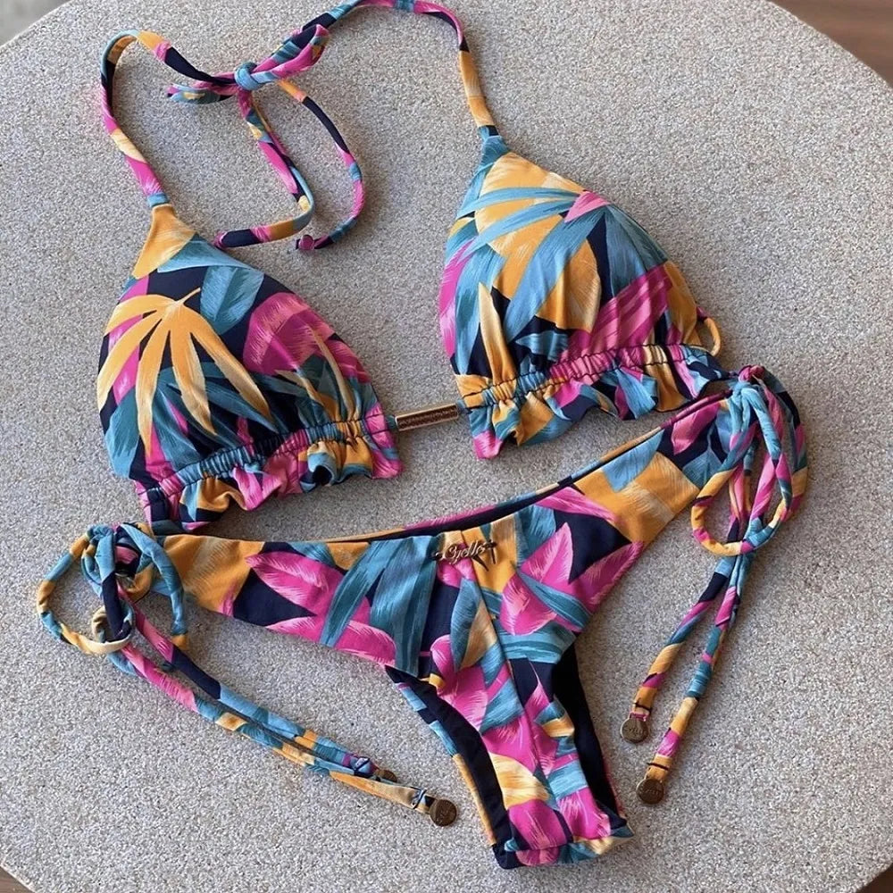 Swimwear- Exotic Tropical String 2-Piece Swim Set - Triangle Bra & Ruched-Side Bikini for Women- Pink- Chuzko Women Clothing