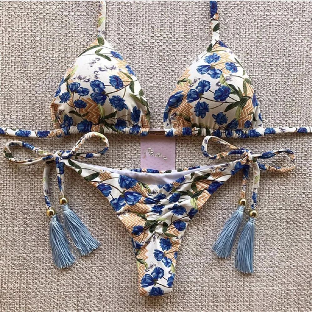 Swimwear- Exotic Tropical String 2-Piece Swim Set - Triangle Bra & Ruched-Side Bikini for Women- Blue- Chuzko Women Clothing