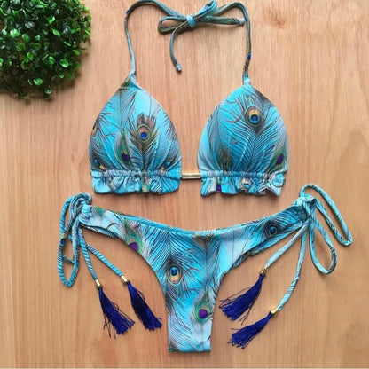 Swimwear- Exotic Tropical String 2-Piece Swim Set - Triangle Bra & Ruched-Side Bikini for Women- Tourquoise- Chuzko Women Clothing