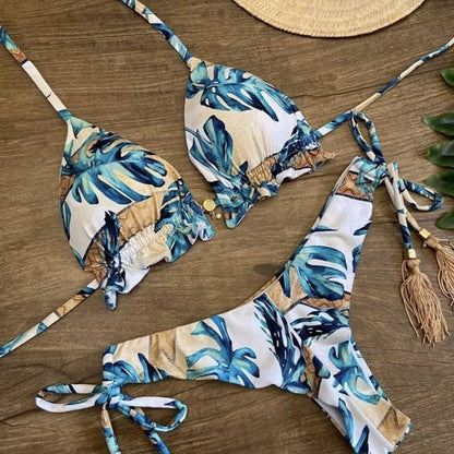 Swimwear- Exotic Tropical String 2-Piece Swim Set - Triangle Bra & Ruched-Side Bikini for Women- Cyan- Chuzko Women Clothing