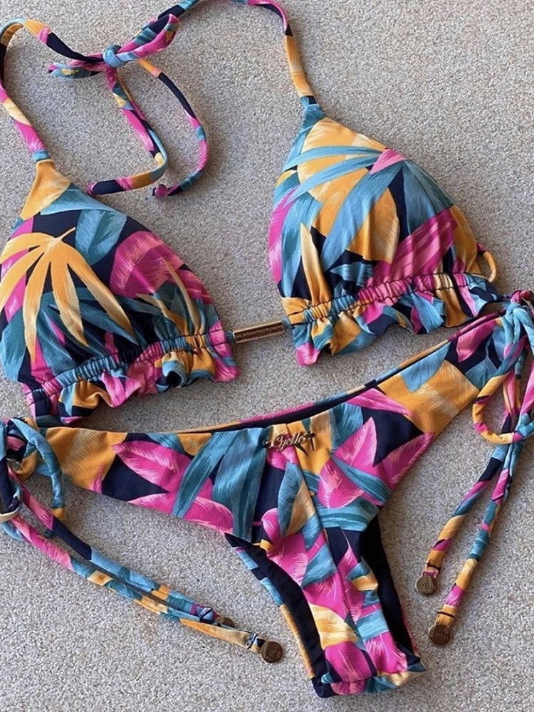 Swimwear- Exotic Tropical String 2-Piece Swim Set - Triangle Bra & Ruched-Side Bikini for Women- - Chuzko Women Clothing