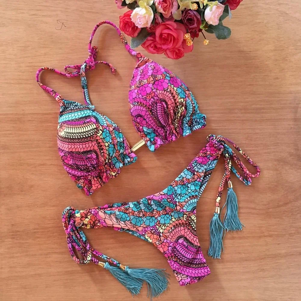 Swimwear- Exotic Tropical String 2-Piece Swim Set - Triangle Bra & Ruched-Side Bikini for Women- Cyan Pink- Chuzko Women Clothing
