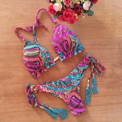 Swimwear- Exotic Tropical String 2-Piece Swim Set - Triangle Bra & Ruched-Side Bikini for Women- Cyan Pink- Chuzko Women Clothing