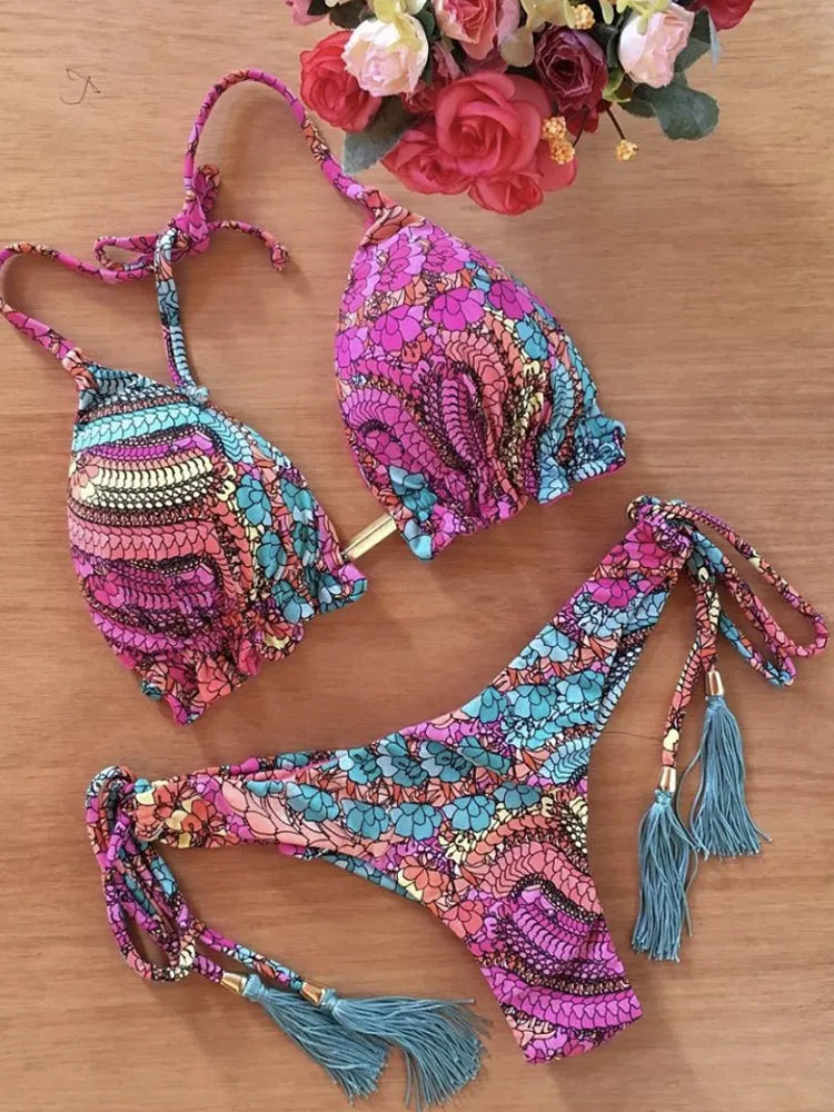 Swimwear- Exotic Tropical String 2-Piece Swim Set - Triangle Bra & Ruched-Side Bikini for Women- - Chuzko Women Clothing