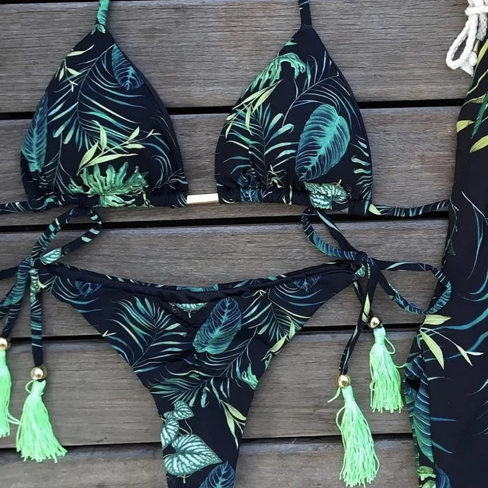 Swimwear- Exotic Tropical String 2-Piece Swim Set - Triangle Bra & Ruched-Side Bikini for Women- Green- Chuzko Women Clothing