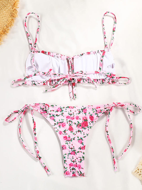 Floral 2 Piece Strappy Swimwear - Square Bra & Tie-Side Bikini