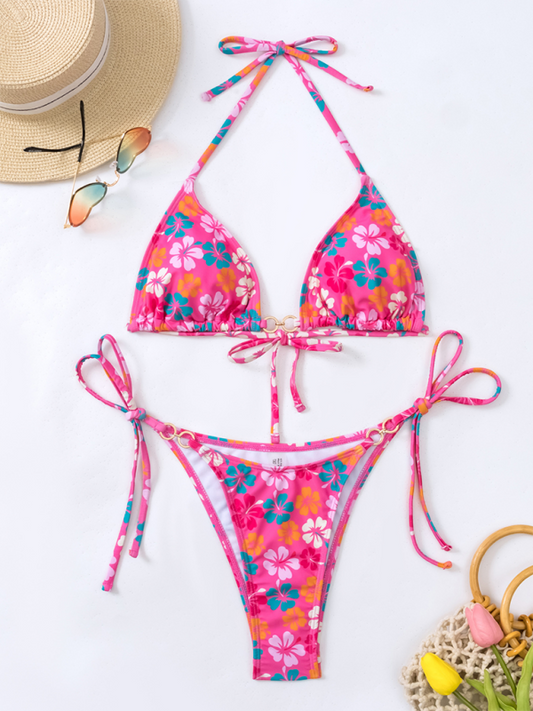 Swimwear- Floral 2-Piece String Tie-Side Bikini Set with Triangle Bra- Pink- Chuzko Women Clothing
