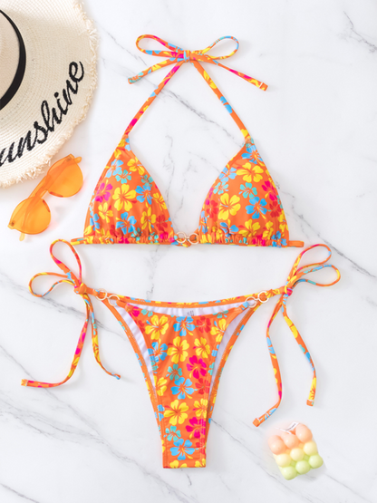 Swimwear- Floral 2-Piece String Tie-Side Bikini Set with Triangle Bra- Orange- Chuzko Women Clothing