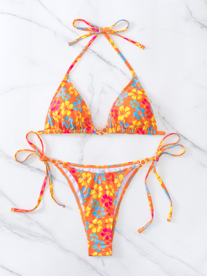 Swimwear- Floral 2-Piece String Tie-Side Bikini Set with Triangle Bra- - Chuzko Women Clothing