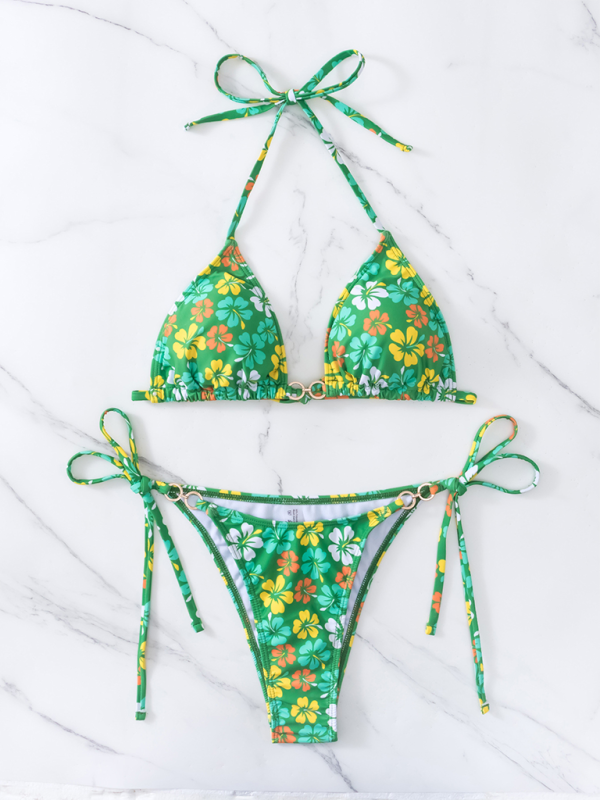 Swimwear- Floral 2-Piece String Tie-Side Bikini Set with Triangle Bra- - Chuzko Women Clothing