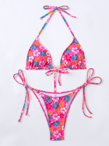 Swimwear- Floral 2-Piece String Tie-Side Bikini Set with Triangle Bra- - Chuzko Women Clothing