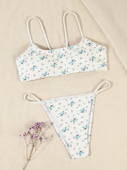 Maillot de bain 3 pièces fleuri, soutien-gorge, bikini et mini-jupe