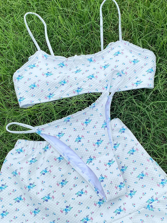 Floral 3 Piece Swimwear Bra & Bikini & Mini Skirt