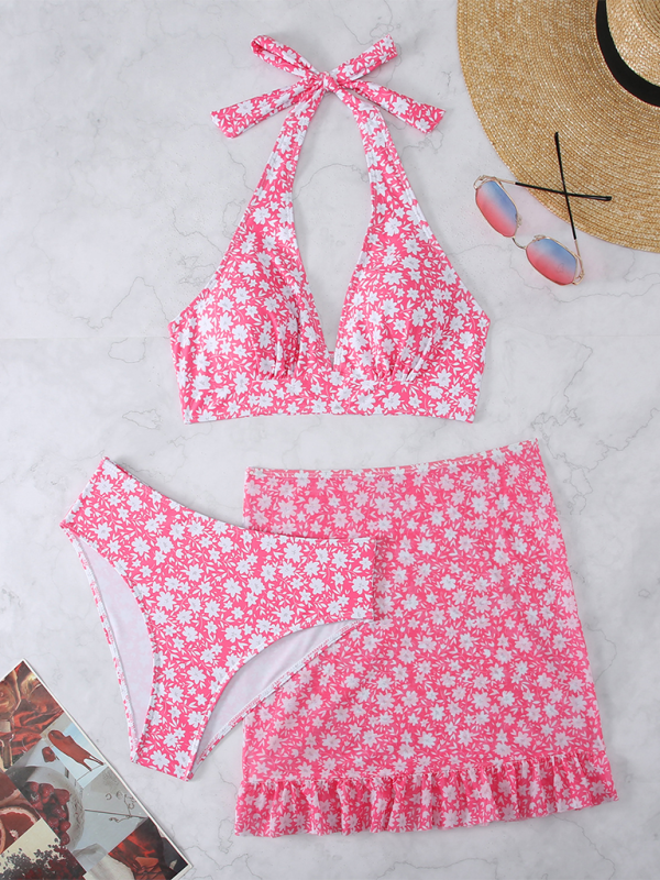 Swimwear- Floral 3-Piece Swimwear Triangle Bra & Skirt & Bikini Swim Set- Pink- Chuzko Women Clothing