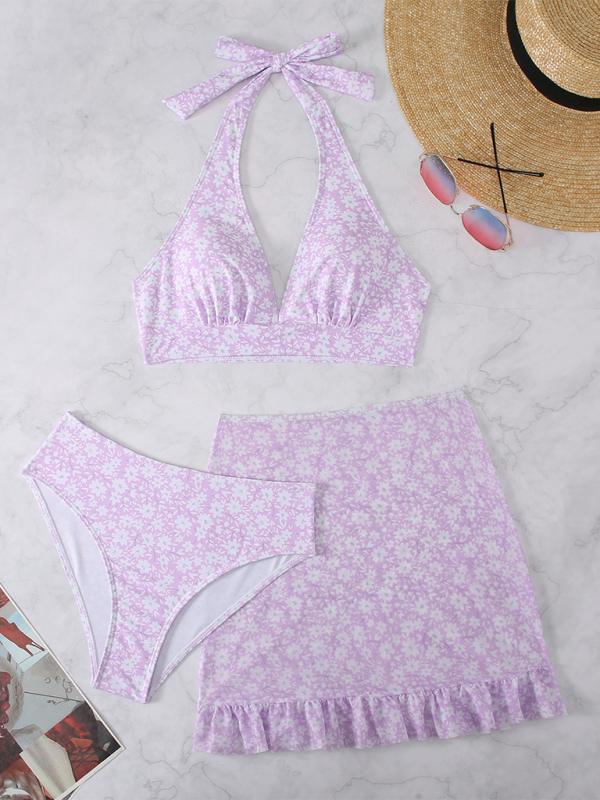 Swimwear- Floral 3-Piece Swimwear Triangle Bra & Skirt & Bikini Swim Set- Lavender- Chuzko Women Clothing