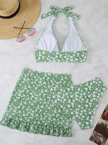 Swimwear- Floral 3-Piece Swimwear Triangle Bra & Skirt & Bikini Swim Set- - Chuzko Women Clothing