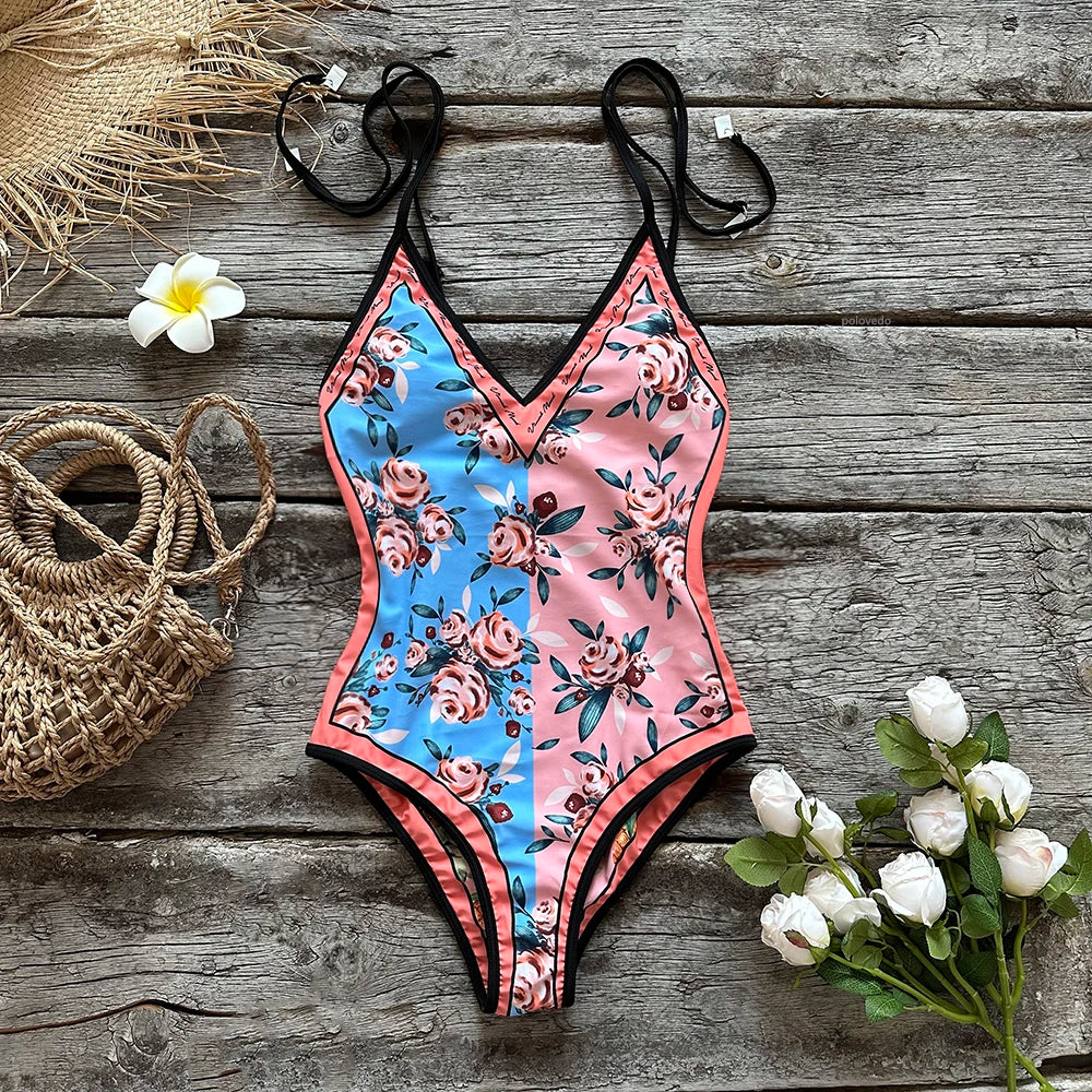 Swimwear- Floral Artistic One-Piece Swimwear for Beach Vacations- QJY1014G1- Chuzko Women Clothing