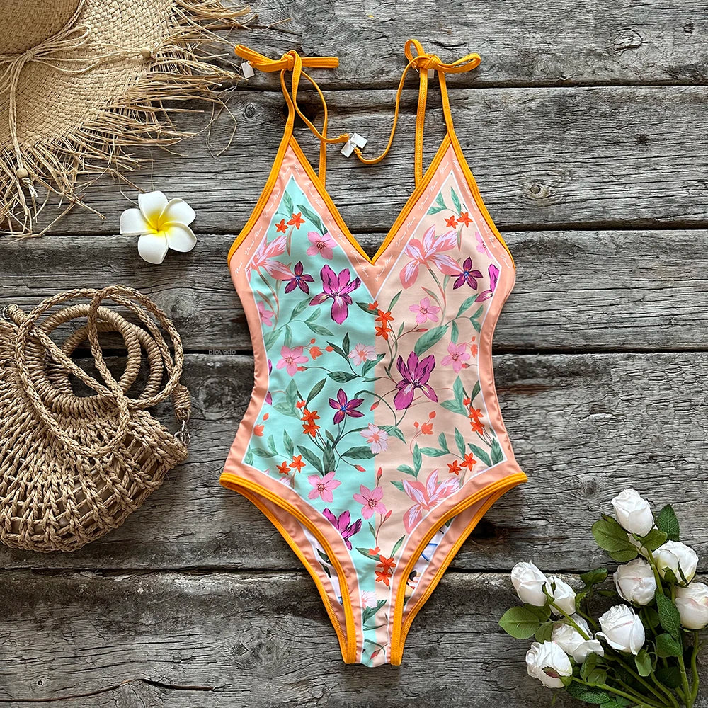 Swimwear- Floral Artistic One-Piece Swimwear for Beach Vacations- QJY1014P1- Chuzko Women Clothing