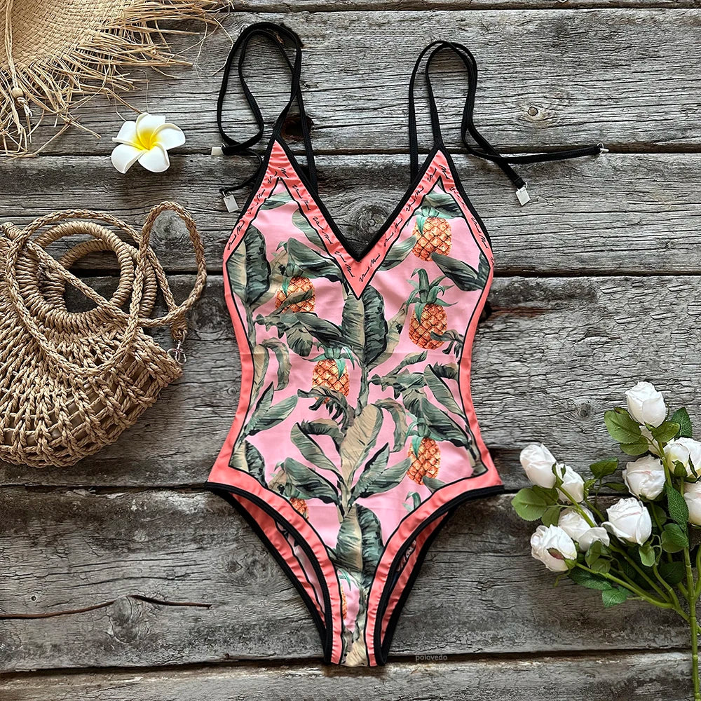 Swimwear- Floral Artistic One-Piece Swimwear for Beach Vacations- - Chuzko Women Clothing