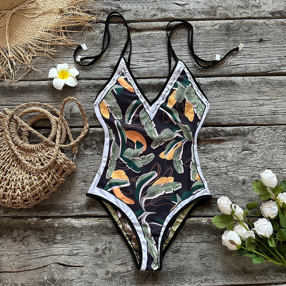Swimwear- Floral Artistic One-Piece Swimwear for Beach Vacations- QJY1014D1- Chuzko Women Clothing