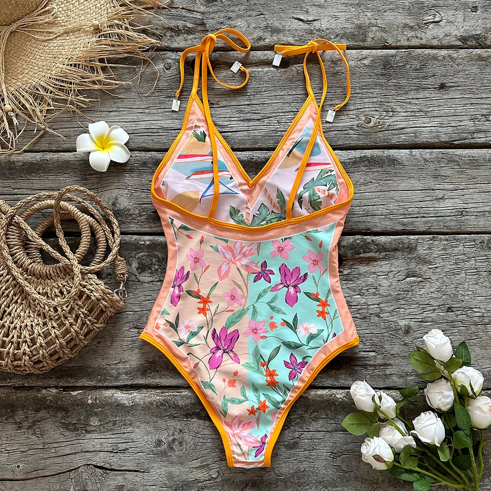 Swimwear- Floral Artistic One-Piece Swimwear for Beach Vacations- - Chuzko Women Clothing