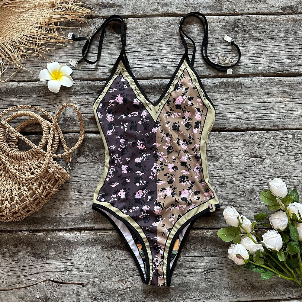 Swimwear- Floral Artistic One-Piece Swimwear for Beach Vacations- - Chuzko Women Clothing