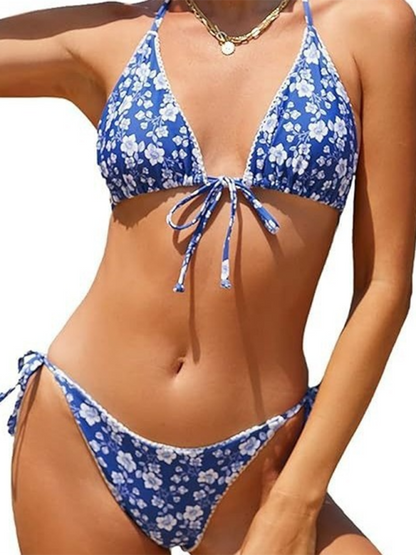 Swimwear- Floral Triangle Bra & String Bikini Set for Vacation- - Chuzko Women Clothing