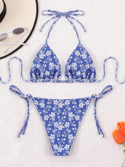 Swimwear- Floral Triangle Bra & String Bikini Set for Vacation- - Chuzko Women Clothing