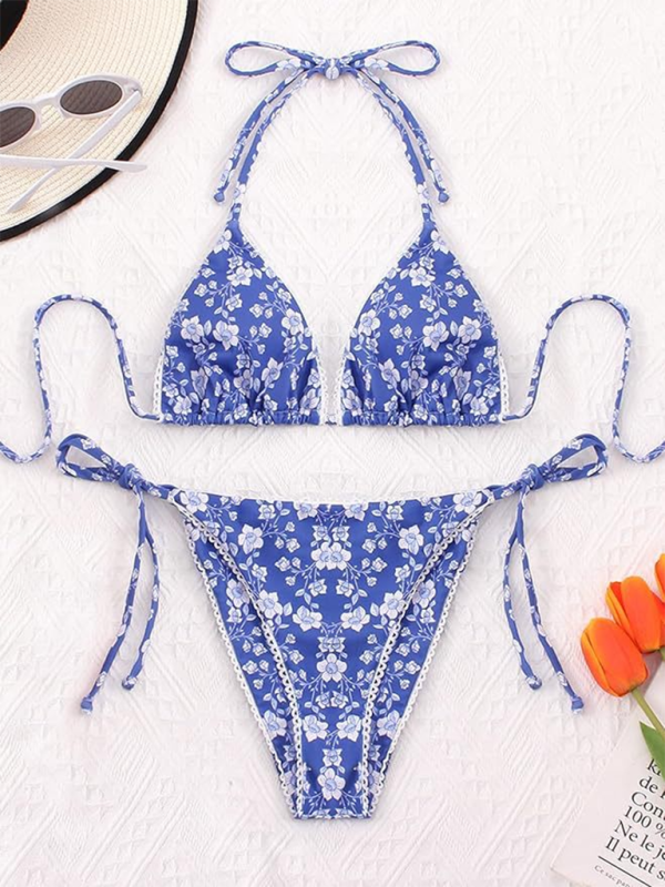 Swimwear- Floral Triangle Bra & String Bikini Set for Vacation- - Chuzko Women Clothing