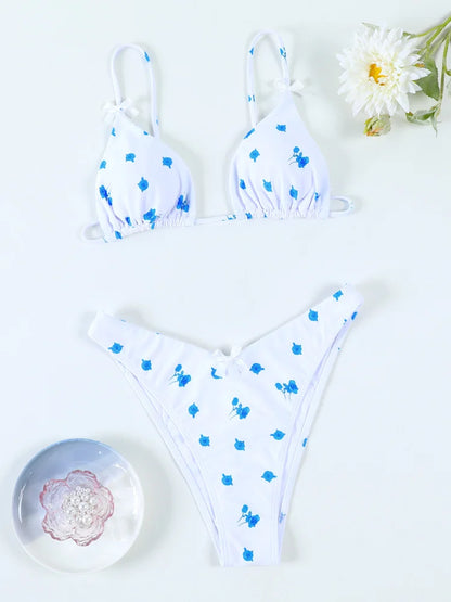 Swimwear- Floral and Plaid String Bikini - Cherry Print 2 Piece Swimwear- Blue Print- Chuzko Women Clothing