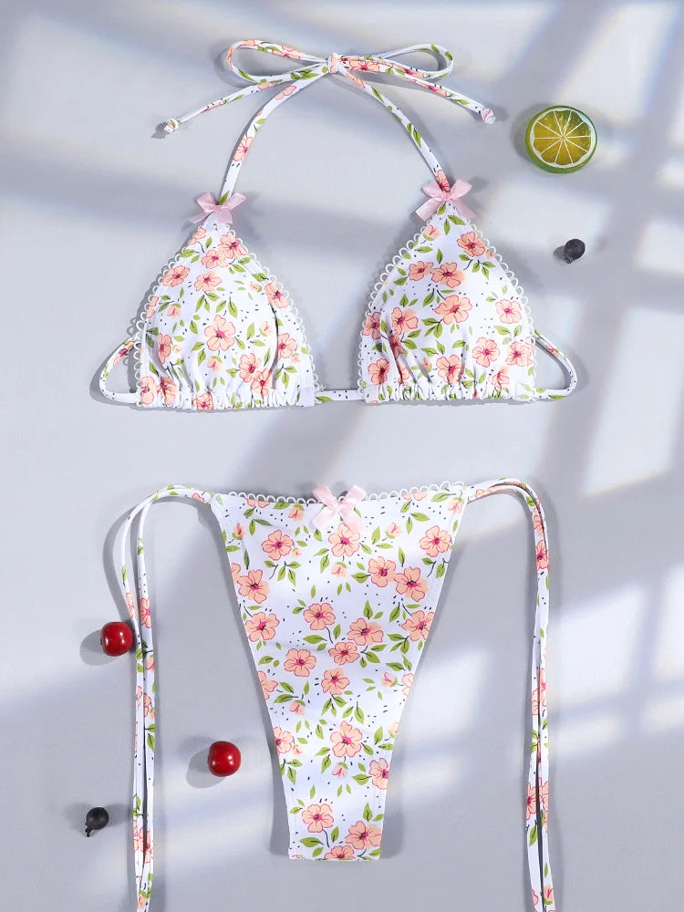 Swimwear- Floral and Plaid String Bikini - Cherry Print 2 Piece Swimwear- Coral Floral- Chuzko Women Clothing