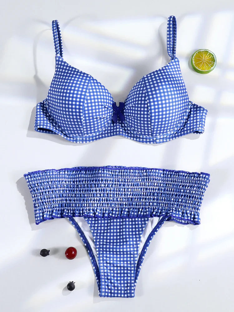 Swimwear- Floral and Plaid String Bikini - Cherry Print 2 Piece Swimwear- - Chuzko Women Clothing