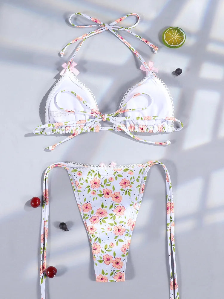 Swimwear- Floral and Plaid String Bikini - Cherry Print 2 Piece Swimwear- - Chuzko Women Clothing