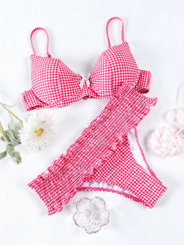 Swimwear- Floral and Plaid String Bikini - Cherry Print 2 Piece Swimwear- Red Plaid- Chuzko Women Clothing