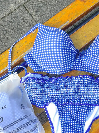 Swimwear- Floral and Plaid String Bikini - Cherry Print 2 Piece Swimwear- Blue plaid 2- Chuzko Women Clothing