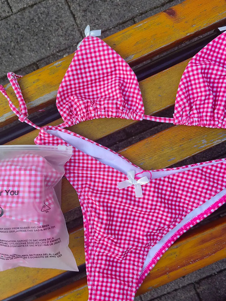 Swimwear- Floral and Plaid String Bikini - Cherry Print 2 Piece Swimwear- Pink- Chuzko Women Clothing