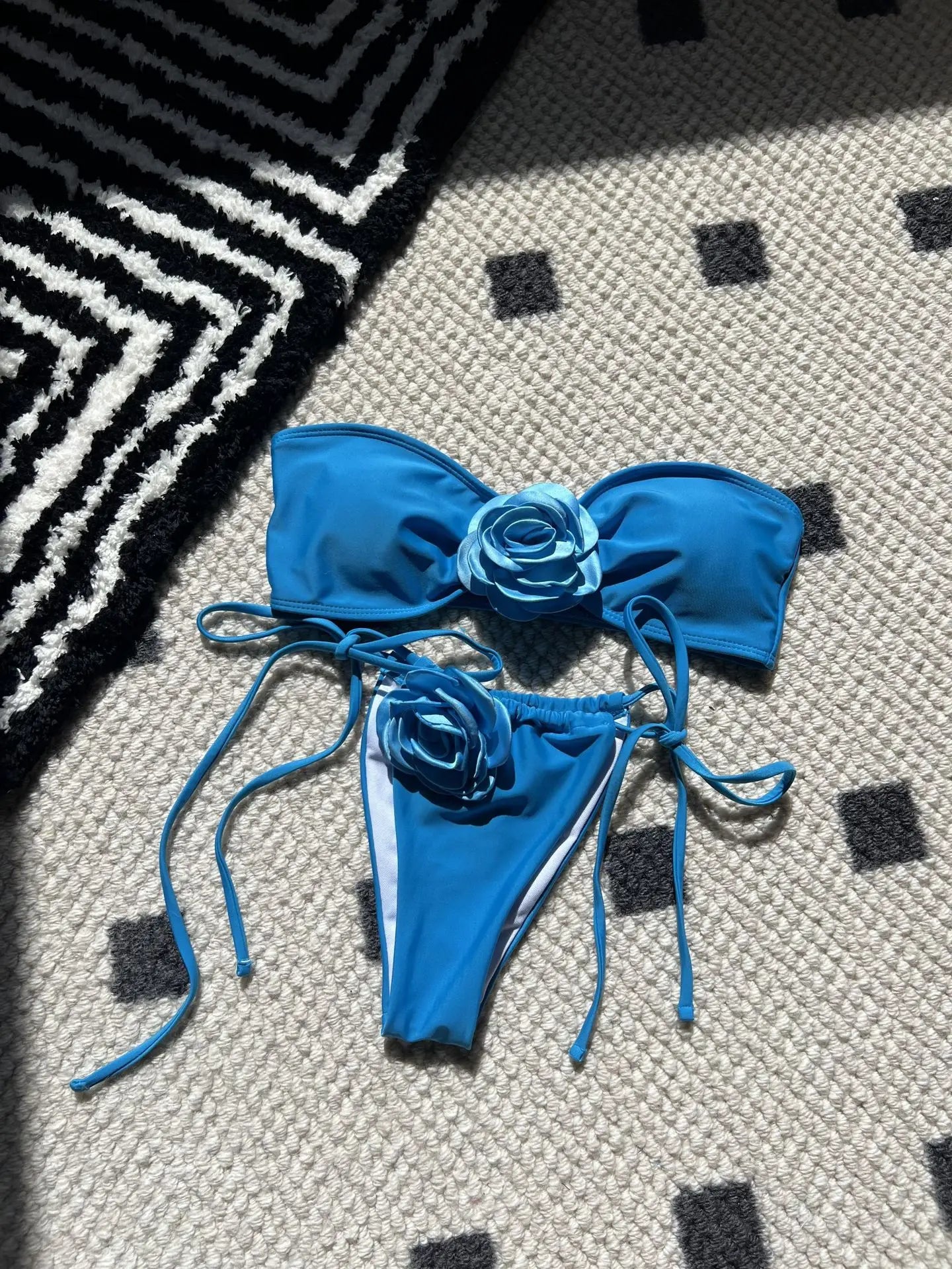 Swimwear- Flower Appliqué Bandeau Bra & Tie-Side Bikini 2 Piece Set for Women- Blue- Chuzko Women Clothing