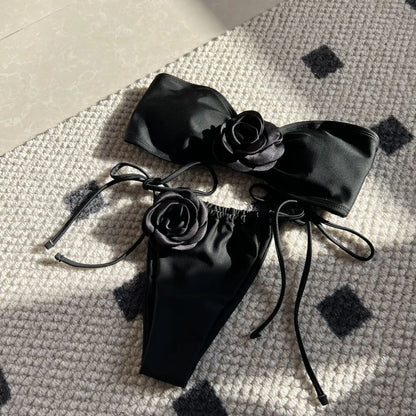 Swimwear- Flower Appliqué Bandeau Bra & Tie-Side Bikini 2 Piece Set for Women- Black- Chuzko Women Clothing