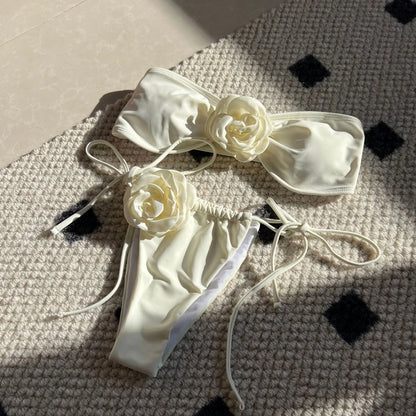 Swimwear- Flower Appliqué Bandeau Bra & Tie-Side Bikini 2 Piece Set for Women- - Chuzko Women Clothing