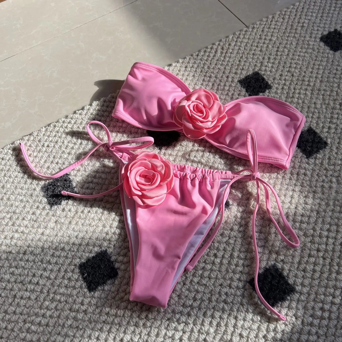 Swimwear- Flower Appliqué Bandeau Bra & Tie-Side Bikini 2 Piece Set for Women- Rose- Chuzko Women Clothing
