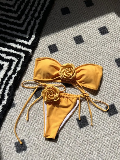 Swimwear- Flower Appliqué Bandeau Bra & Tie-Side Bikini 2 Piece Set for Women- Yellow- Chuzko Women Clothing