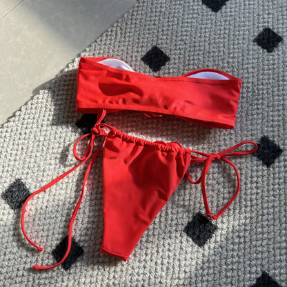 Swimwear- Flower Appliqué Bandeau Bra & Tie-Side Bikini 2 Piece Set for Women- - Chuzko Women Clothing