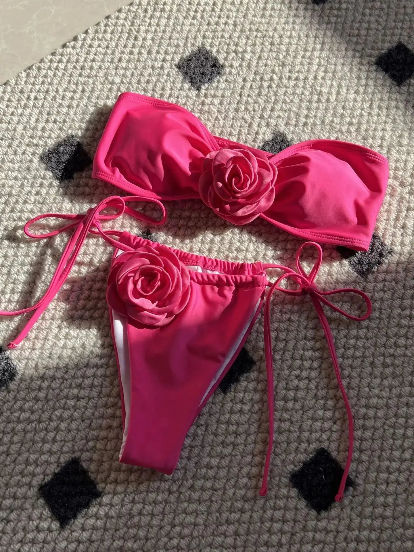 Swimwear- Flower Appliqué Bandeau Bra & Tie-Side Bikini 2 Piece Set for Women- Pink- Chuzko Women Clothing