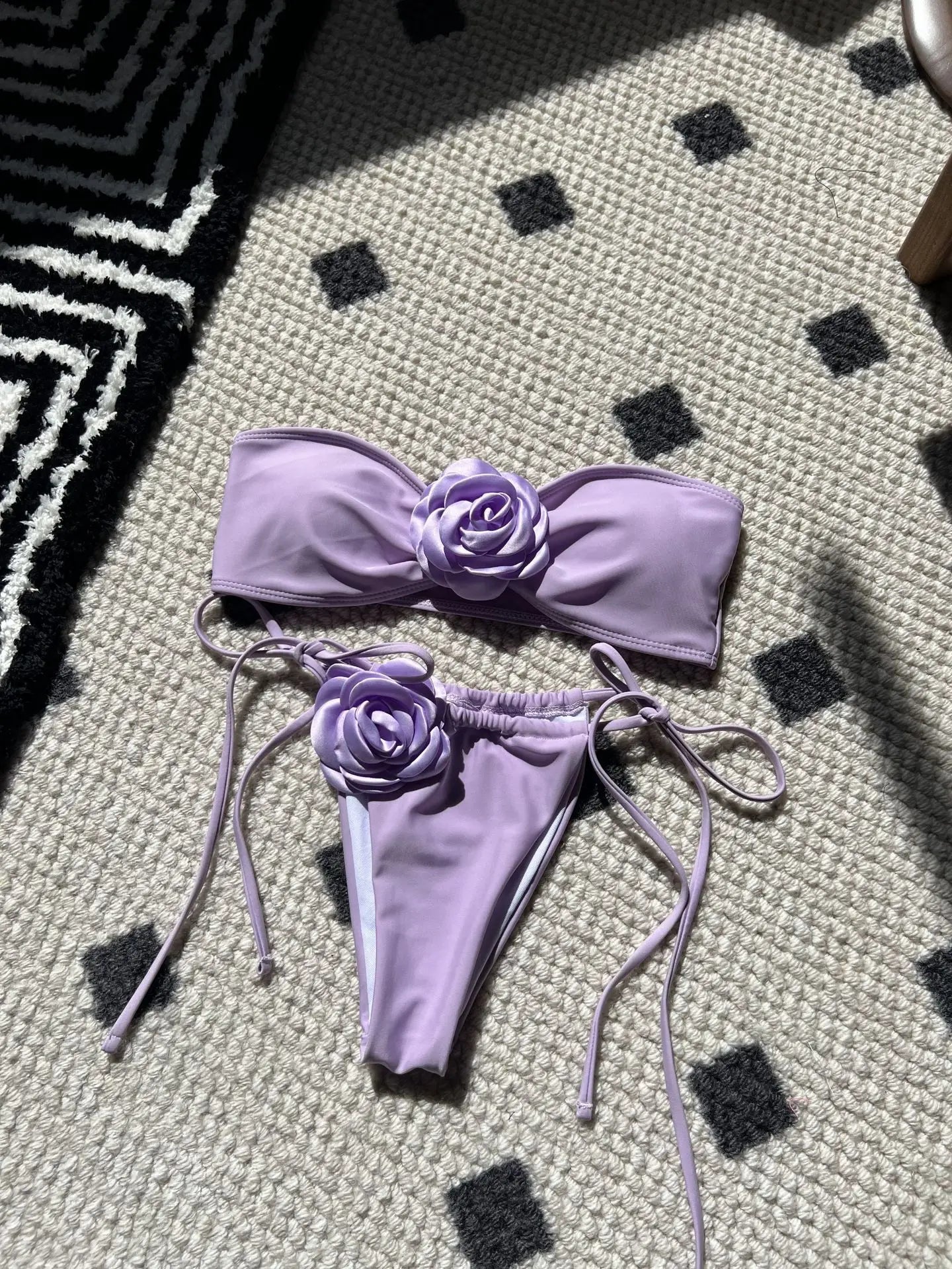 Swimwear- Flower Appliqué Bandeau Bra & Tie-Side Bikini 2 Piece Set for Women- Lilac- Chuzko Women Clothing