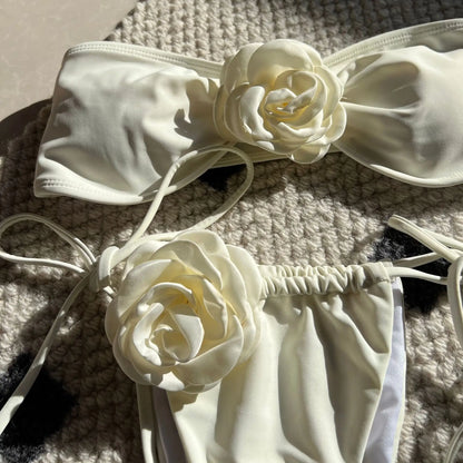 Swimwear- Flower Appliqué Bandeau Bra & Tie-Side Bikini 2 Piece Set for Women- Cream- Chuzko Women Clothing