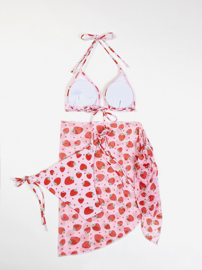 Swimwear- Fruity Print 3-Piece Bikini Set with Matching Cover-Up- - Chuzko Women Clothing