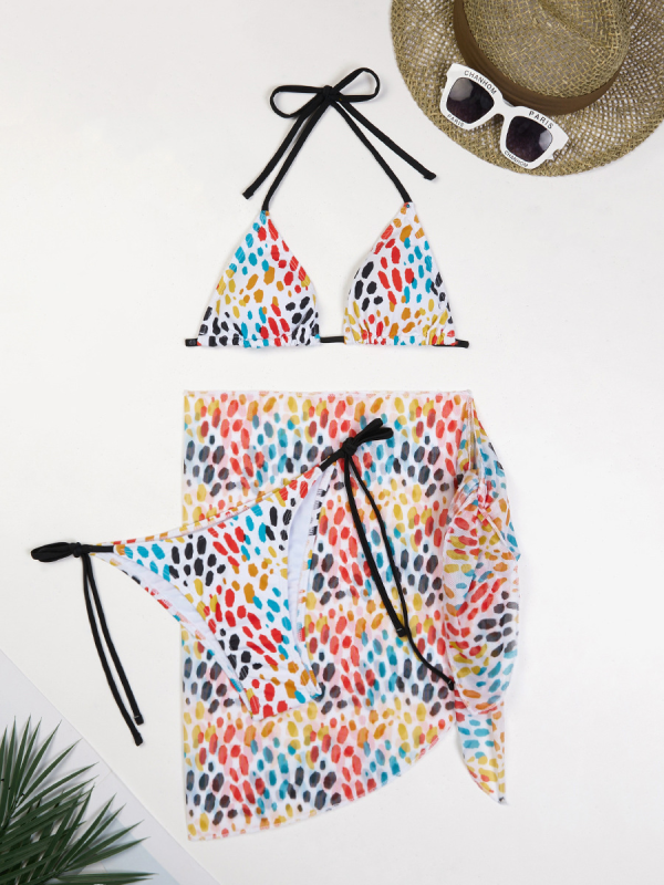 Swimwear- Fruity Print 3-Piece Bikini Set with Matching Cover-Up- Pattern3- Chuzko Women Clothing