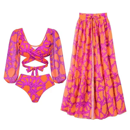 Fuchsia Ruffle 3-Piece Swimwear - Lantern Sleeve Top & Skirt & Bottom